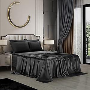 AiMay 6 Piece Satin Bedding Sheet Set Queen Black Deep Pocket 1800 Series Luxury Rich Silk Silky Super Soft Solid Color 4 Pillowcases Reversible Sexy Honeymoon Wrinkle Free (Queen,Black)