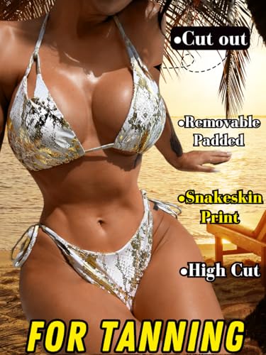 Snakeskin Metallic Bikini,String Halter Triangle Bikinis Set,Sexy Strappy Cheeky Swimsuits for Women Tanning Pool2