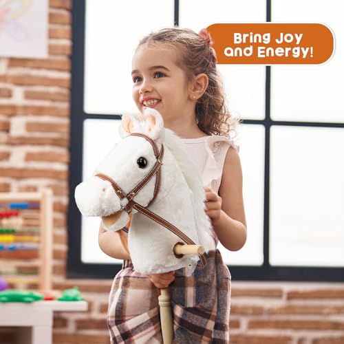 HollyHOME Stick Horse Plush Handcrafted Hobby Horse on a Stick with Wood Wheels Real Pony Neighing and Galloping Sounds for Kids Toddlers White 36 Inches(AA Batteries Required) - Image 3