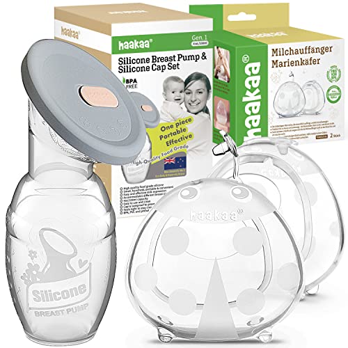 Image of haakaa Manual Breast Pump Breastfeeding Pump 4oz/100ml+Lid Food Grade Silicone Bundle with Ladybug Silicone Milk Collector 2pk