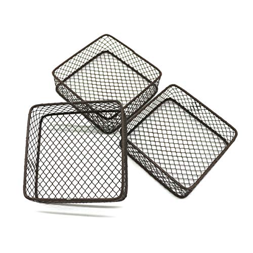 CVHOMEDECO. Mini Metal Wire Storage Baskets Desks & Shelves Organizer Trinkets Container, Great for Store Spices, Gifts or Giving. Set of 3. (Square Rusty)