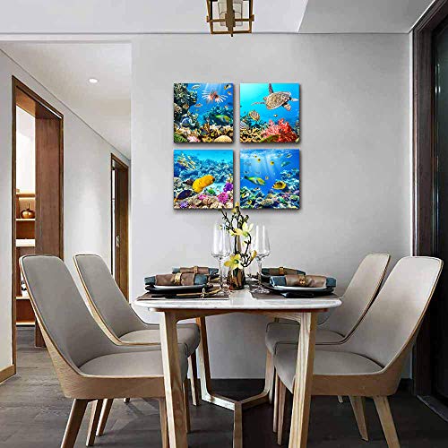 Image of Bathroom Wall Decor Canvas Wall Art For Living Room Office Decor Modern Bedroom Home Decor 4 Panels Stretched And Framed Ready To Hang Blue Ocean Theme Sea Fish And Sea Turtles Undersea World Draw