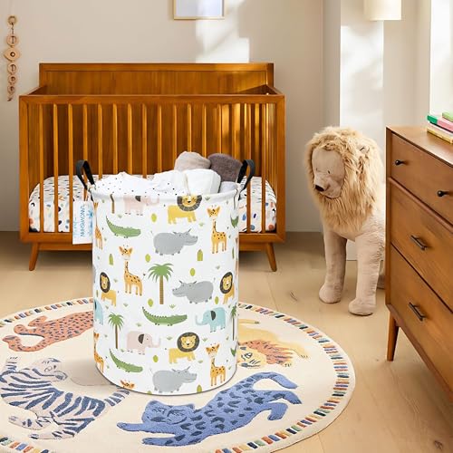 Image of Round Laundry Basket Collapsible Storage Hamper Organizer Animal | Waterproof Canvas Foldable Baskets with sturdy Handles Multi-scene Organizer for Home Play Bedroom Gift Bin