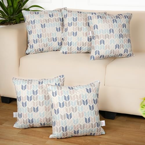 Image of STITCHNEST 'QuadraNest' Series Printed Quilted Velvet Cushion Cover 16x16 Inch Set of 5 | Premium Soft Fabric, Washable & Fade Resistant | Decorative Living Room Cushion Covers | Beige & Blue Chevron