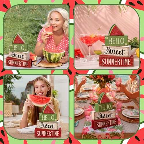 Image of Moucuny 4 Pcs Summer Wooden Table Decor Watermelon Tiered Tray Decor Farmhouse Table Decoration Hello Sweet Watermelon Book Block Summer Decoration for Home Office Kitchen Mantel Shelf