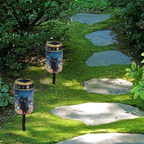 Image of Outdoor Solar Lights, Cat and Flowers Print Waterproof Garden Lamp Flameless Candle Automatically Solar Path Light for Yard Cemetery Grave Walkway