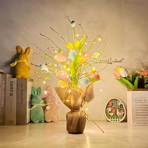 ACAREY Osterdeko Osterbaum Licht Ostereierbaum mit Licht & Bunten Ostereier Deko, Lichterbaum 24 Warmweiß LEDs Led Baum Innen Batteriebetrieben Künstlicher Baum Für Frühlings Oster Dekoration