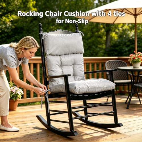 Image of QILLOWAY Outdoor Rocking Chair Cushions Set of 4, 100% Polyester Waterproof Patio Rocking Chair Cushion, High Back Weatherproof Chair Pad for Adirondack & Outdoor Furniture, Gray,White