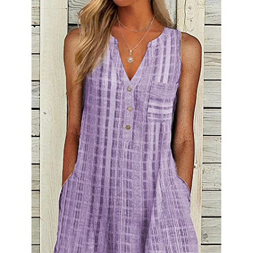 Image of Women Casual Dress Summer Stripe Button V Neck Sleeveless with Pocket Long Dresses Holiday Beach Party Midi Dress