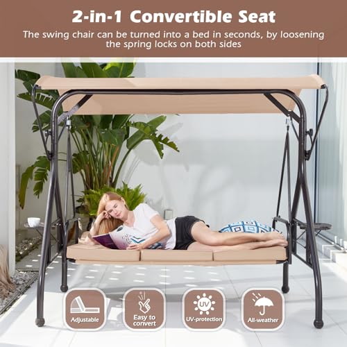 Image of ZZW 800LBS Patio Swing with Canopy 3 Seat Outdoor Porch Swing with Stand w /Cup Holder & Pillow Glider Chair Swing Bed for Patio Backyard Poolside (Khaki)