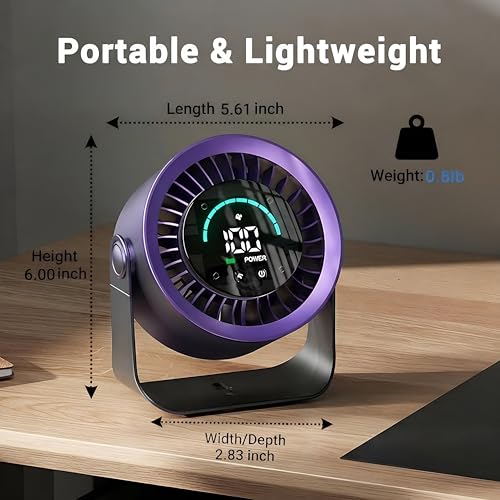 Image of Desk Fan with LED Digital Display, USB Rechargeable Quiet Desktop Fan, Touch Control Portable Mini Table Fan with 5 Speed Modes, 360Adjustable Tilt for Bedroom, Office & Home (Purple)