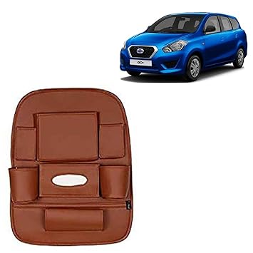 RD Universal PU Leather Car Auto Seat Back Organizer Multi Pocket Travel Storage Bag with Hangers, Tissue Paper and Bottle Holder-Tan Colour Compatible for Datsun Go Plus