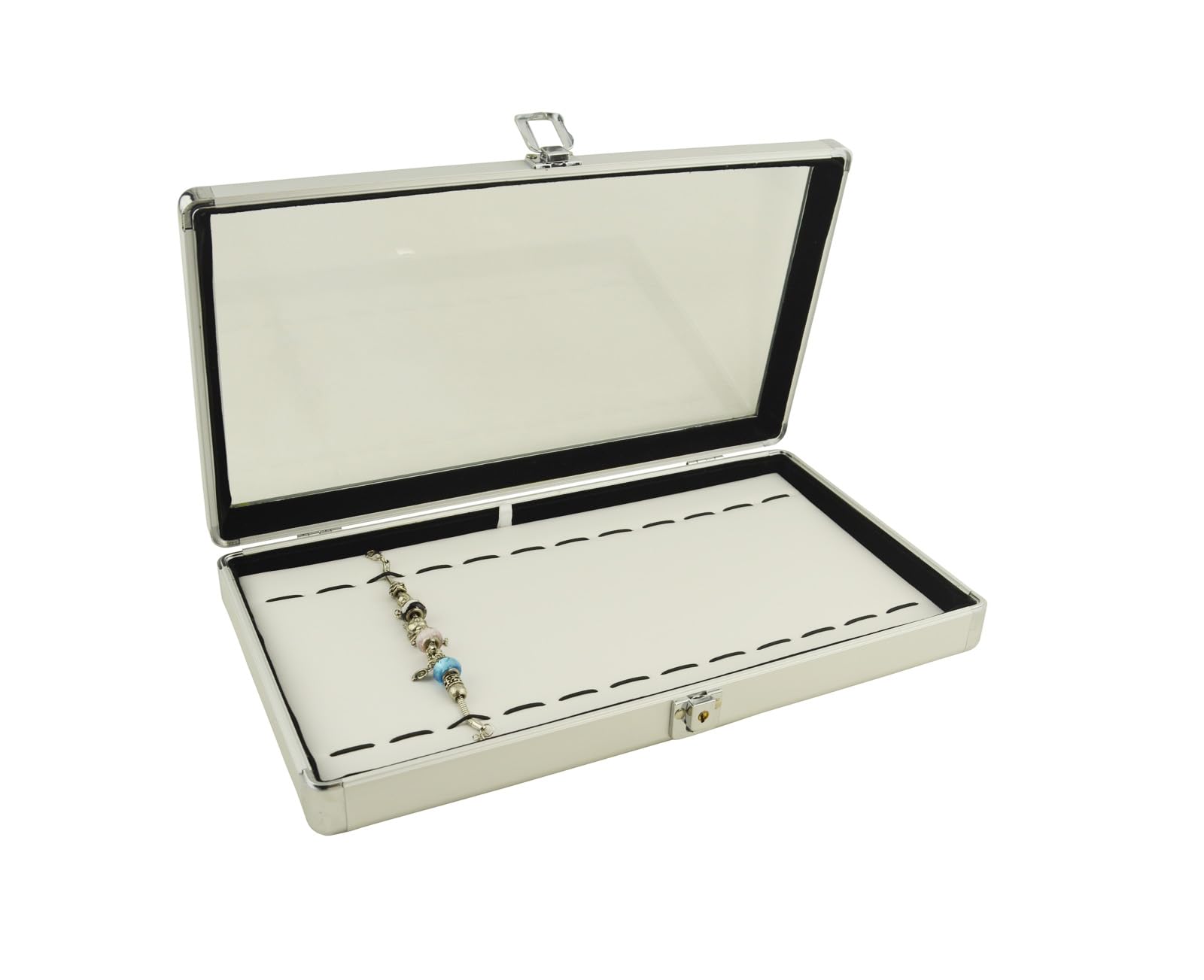 Box Displays Aluminiowa szklana pokrywa gablota, zamek i organizer do przechowywania kluczy, z możliwością wyboru wkładki ekspozycyjnej na biżuterię (etui z 12 przeszytymi sznurkami bransoletka