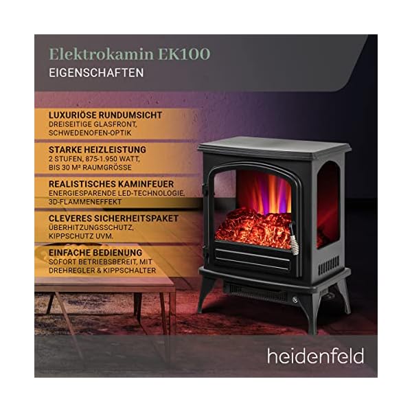 Heidenfeld Elektro Kamin EK100-3 Jahre Garantie - 2000 Watt - Energiesparende LED - 3 seitige Glasfront - 2 Heizstufen… – Bild 3