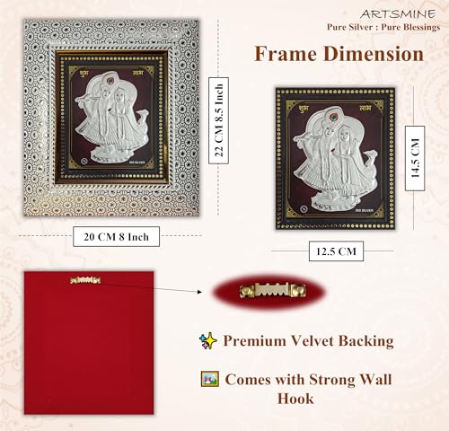Image of ARTSMINE - 999 Pure Silver Radha Krishna Frame - Pure Silver Sheet with Purity Certificate & Resale Value | Pooja Room, Home & Office Decor | Wedding, Corporate & Housewarming Gift | Handcrafted Table Top & Wall Mount - 1 Unit (20 x 22 CM)