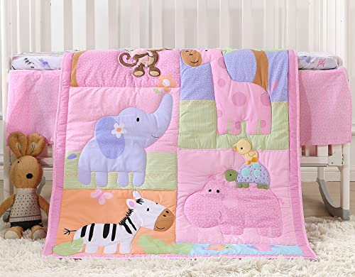 Image of VIVILINEN Baby Crib Bedding Sets for Girls Pink Animals Elephant Soft Breathable Toddler Nursery Crib Comforter Set 3 Pieces | Quilted Comforter, Fitted Sheet, Bed Skirt