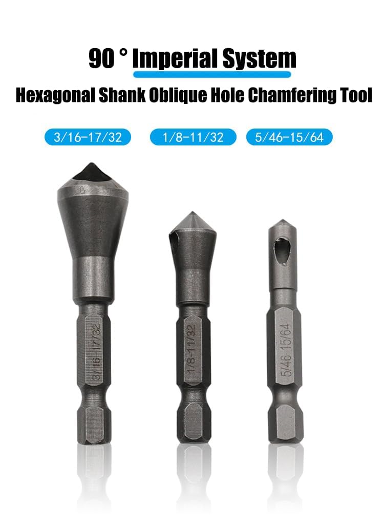 Chamfer Bit Set, 3-Piece 1/4" Hex Shank Countersink Deburring Tool, Chamfering & Deburring Drill Bit for Metal, Wood, Plastic & PVC Board, Professional Woodworking & Metalworking Tool