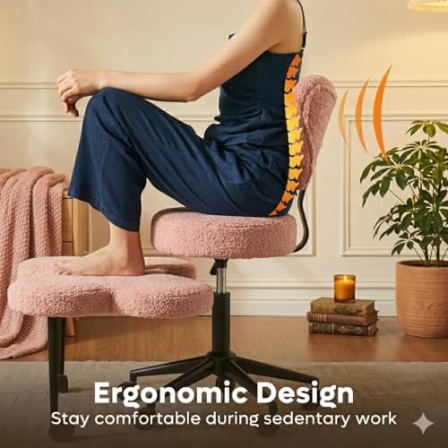 Image of Pinmoco Cross Legged Office Chair with Wheels, Teddy Fabric Criss Cross Chair for ADHD, 360 Swivel Adjustable Height Meditation Desk Chair with Lumbar Support for Home Office, Pink