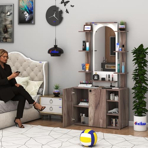 Image of Anikaa Venza Engineered Wood Dressing Table with Wall Mounted Mirror & LED Lights Open Shelf | Makeup Vanity Storage Cabinet with Soft Closed Hinge Door for Bedroom -(Coachwood /White) DIY Installation