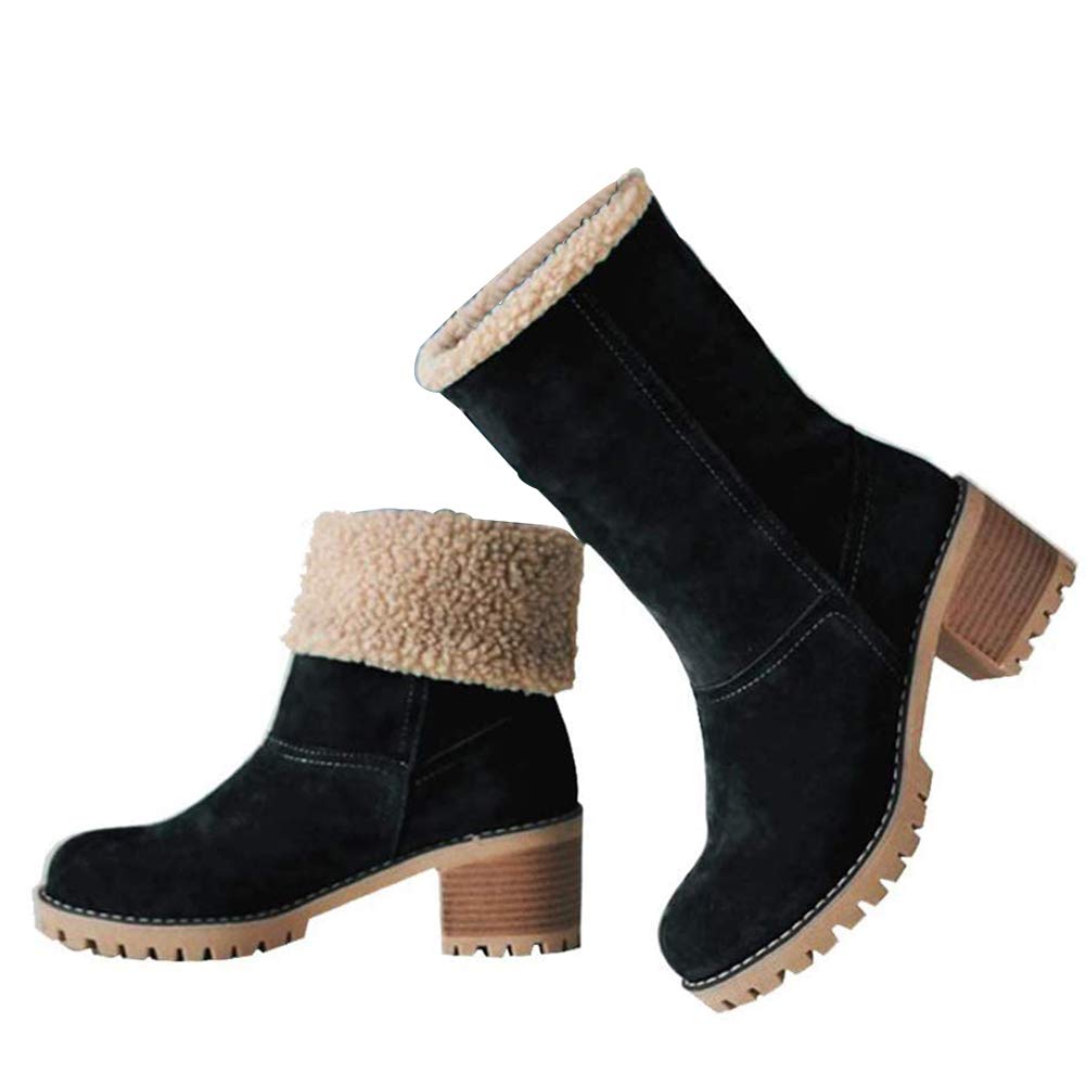 VIMISAOI Winter Boots for Women Comfortable Slip On Mid Chunky Heel Suede Warm Snow Ankle Boots Outdoor Shoes