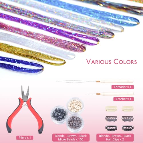 Image of WENNALIFE Hair Tinsel Kit for Girls, 16 Colors 3200 Strands 48 Inch Fairy Kit Heat Resistant Glitter Tinsel Hair Extensions Kit with Tools Christmas Feathers Sparkle Strands