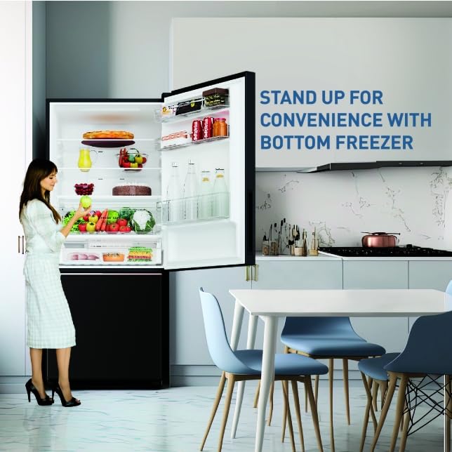 Refrigerator with bottom freezer open in a kitchen