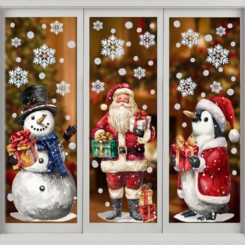 DTYDECLE 6 Stück Weihnachten Fensteraufkleber, Doppelseitige Statisch Weihnachtsfensterbilder Mehrweg Weihnachtsmann Schneemann Pinguin Fenster Abziehbilder für Winter Tür Fenster Weihnachtsdeko