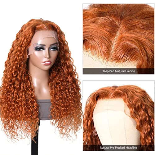Image of Sunber Ginger Orange Water Wave Lace Front Wigs 13x5x0.5 T Part Human Hair for Women 10A Brazilian Virgin Hair #88J Burnt Orange Colored Wig Pre Plucked with Baby Hair 150% Density 18Inch