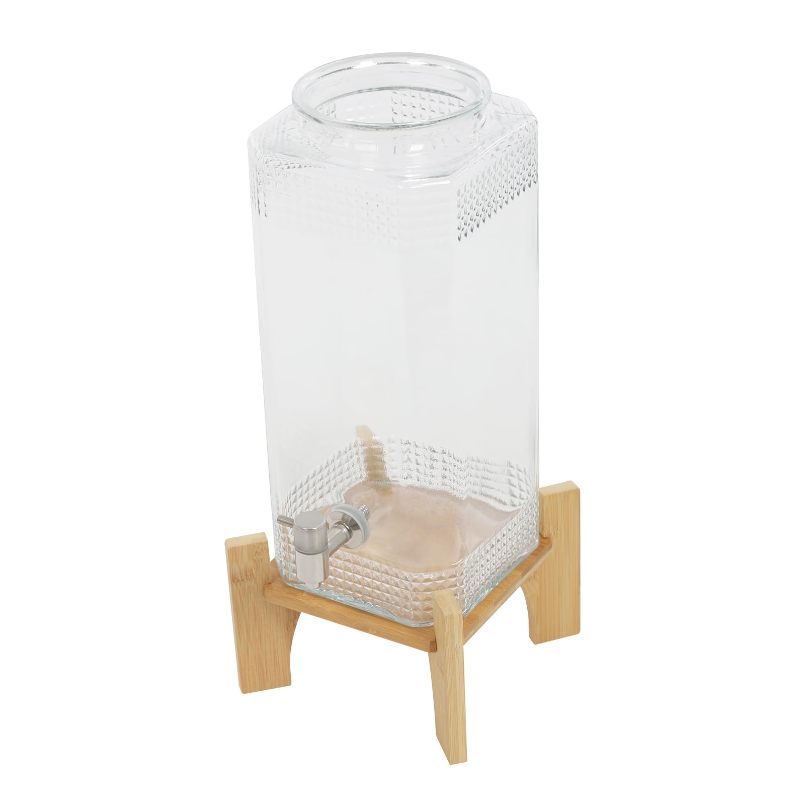 Dispensador de bebidas de 10 L con soporte de madera, 46 cm, dispensador de bebidas de cristal, dispensador de agua de cristal con grifo de acero inoxidable macizo, diámetro de apertura 14,5 cm