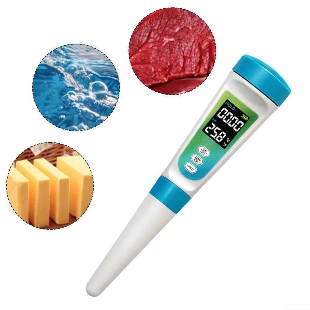 Misuratore di pH e acidità 2 in 1 con indicatore di temperatura, sonda in acciaio inox per alimenti semisolidi come formaggio, marmellata, salsicce, creme e lozioni, gamma di pH 0,00-14,00