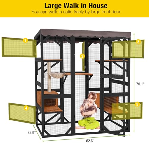 Image of Cat House Window Outdoor Catio Cat Enclosures with 7 Platforms, 2 Resting Boxes Large Kitty House with Weatherproof Tarp Roof, 62.6 inch L x 32.9 inch W x 70.1 inch H Brown