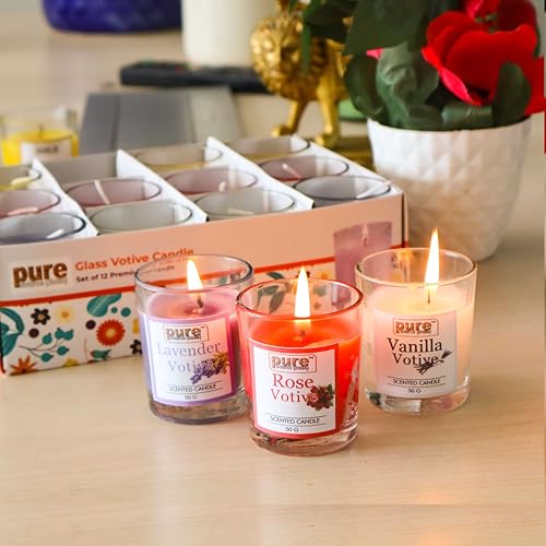 Pure Source India Pack of 12 Votive Scented Candles – Assorted Fragrances | Long-Lasting Aromatherapy Candles for Home, Decor, Spa & Gifting (Vanilla, Lavender, Rose)