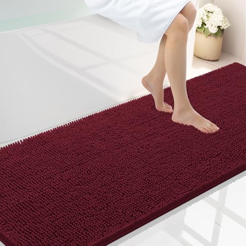 Smiry Luxury Chenille Bathroom Rugs 70x24, Extra Soft and Absorbent Shaggy Bath Mat, Machine Washable, Non-Slip Plush Carpet Runner for Tub, Shower, and Floor, Home Decor Accessories, Burgundy