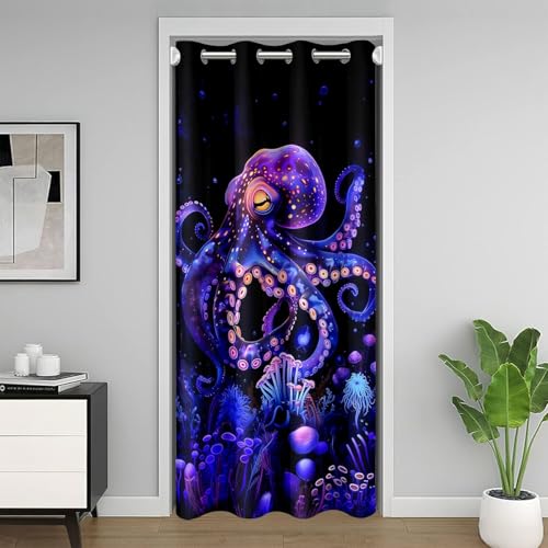 feelingyou Cortina luminosa para puerta de pulpo 86 x 203 cm, misterioso mundo submarino, cortina para exterior, encantadora, vida marina, lila, para dormitorio