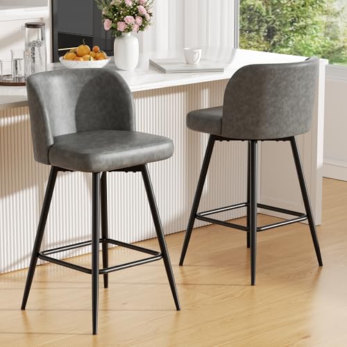 Image of Swivel Bar Stools Set of 2, 26 inch Counter Height Bar Stools with High Back and Metal Legs, Faux Leather Bar Chairs, Modern Barstools for Kitchen Island, Light Grey