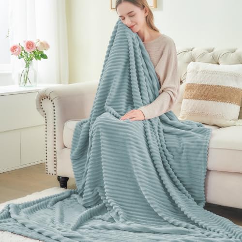 Image of BEDELITE 3D Ribbed Grey Blue Fleece Throw Blanket for Couch, 50x60 Inch