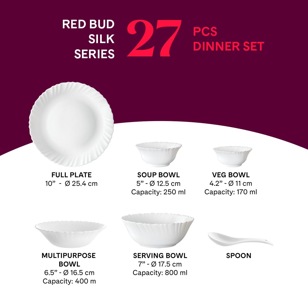 Larah by Borosil Red Bud Silk Series Opalware Dinner Set | 27 Pieces for Family of 6 | Microwave & Dishwasher Safe | Bone-Ash Free | Crockery Set for Dining & Gifting | Plates & Bowls | White 2
