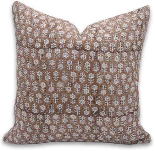 Fabritual Thick Linen Throw Pillow Cover, Outdoor Pillow with Handloom Print, Sustainable Handmade Cushion Cover for Sofa and Couch, Floral Print with Boho Design, Tulsi buti (Rust, 16″ X 16″)