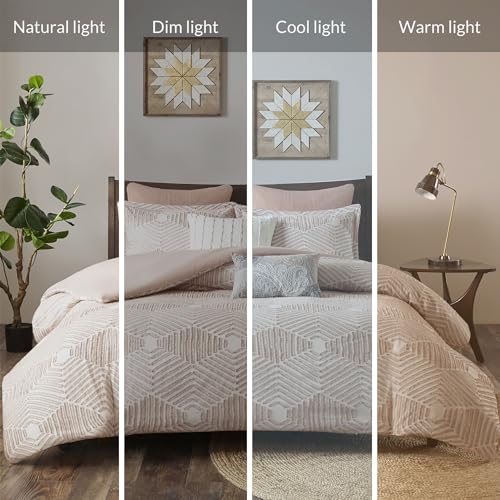 Image of Ink+Ivy Queen Comforter Set Geometric Cotton Comforters Farmhouse with Clipped Jacquard, All Season, Down Alternative Lightweight & Fluffy Bedding, Matching Shams, Ellipse, Full /Queen, Blush 3 Piece