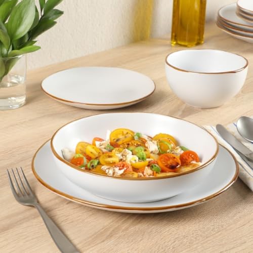 Image of Gibson Home Hazeltine 16-Piece White Stoneware Dinnerware Set - Plates and Bowls, Durable Ceramic Kitchen Dinner Set