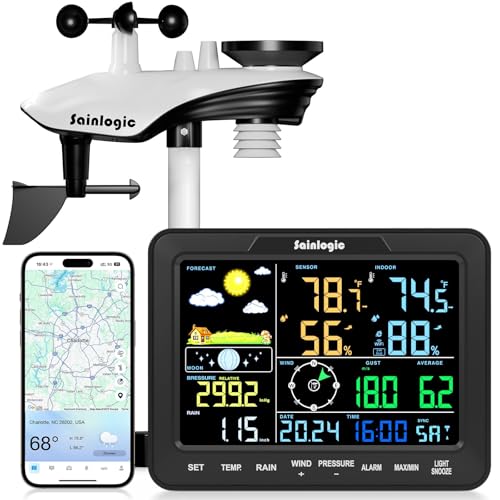 Sainlogic WiFi Station Météorologique Intelligente Sans Fil, Prévision Météo IA 24/7 Weatherseed®, Alerte App/Courriel, Anémomètre et Pluviomètre...