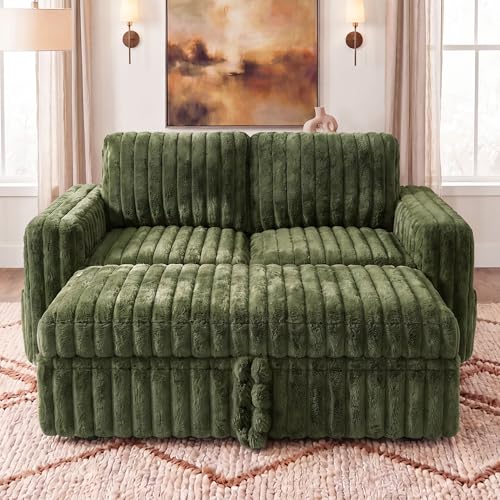 Image of HONBAY Plush Corduroy Loveseat Sleeper Sofa,Modular Pull Out Sofa Bed,Couches for Living Room,Plush Green