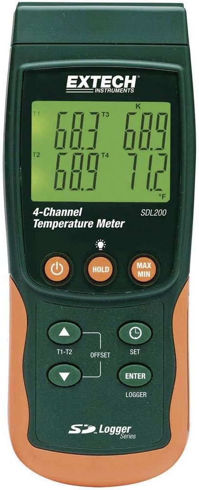 SDL200 Four-Channel Thermometer SD Logger | 4-channel logging, 6 thermocouple types (J/K/E/T/R/S), 2-channel RTD Pt100, SD card Excel, backlit LCD