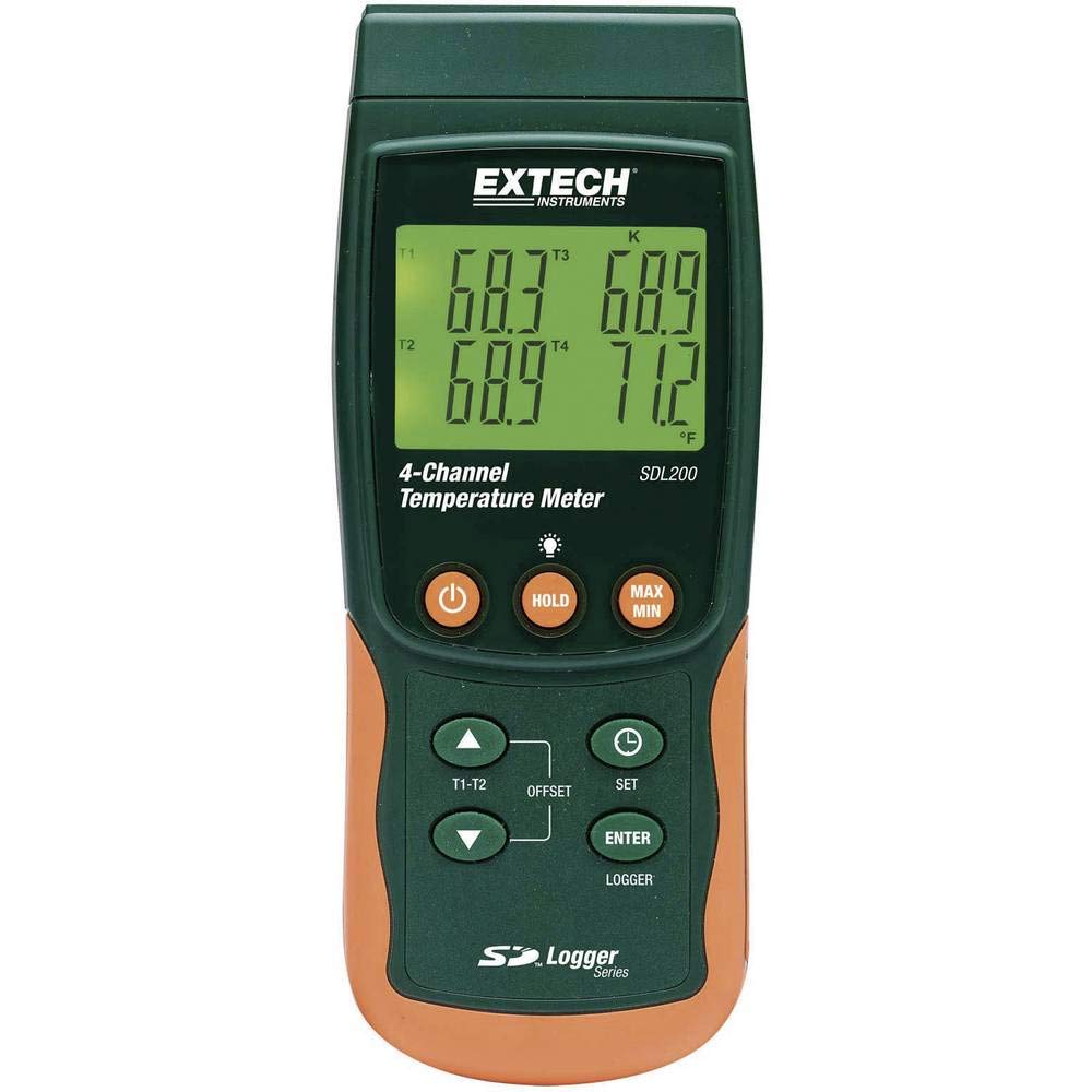 Extech SDL200 Termometro 4 Canali, Registratore Scheda SD | Registro 4 canali, 6 tipi termocoppia (J/K/E/T/R/S), RTD Pt100 2 canali, Excel SD, LCD retroill.