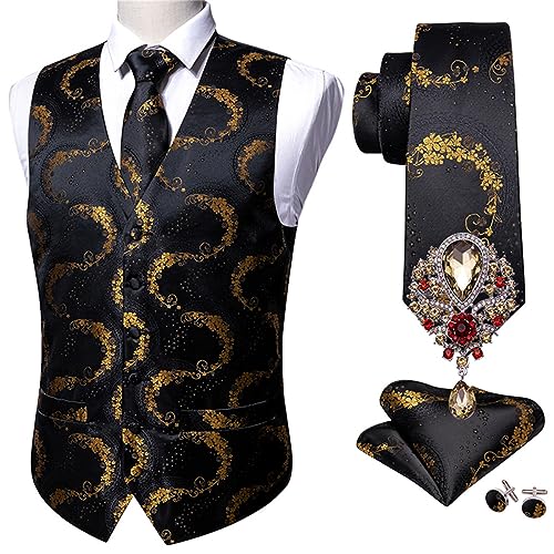 Black 5 Piece Designer Men Wedding Suit Vest Gold Floral Jacquard Floral Silk Vest Tie Brooch Vest Set Groom2