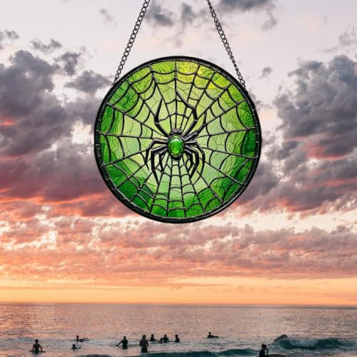 Image of Glass Window Hanging - Black Green Horror Spider Web Suncatcher for Doors Garden Patio Sun Catchers Decor Christmas Halloween Birthday Gifts for Women Men Mom Nana Friend 15 in