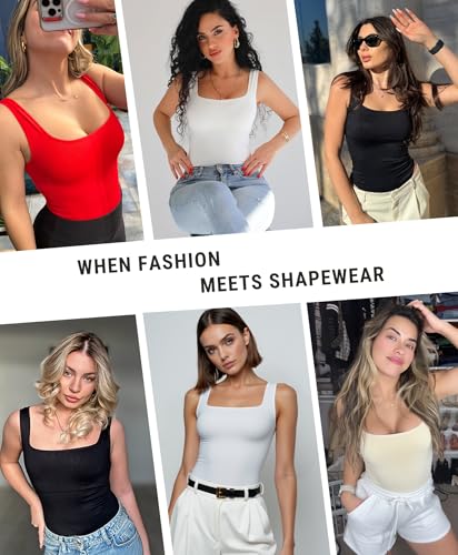 Image of FeelinGirl Bodysuits for Women Seamless Square Neck Tummy Control Compression Thong Shapewear Bodysuit Tank Tops Bodysuit