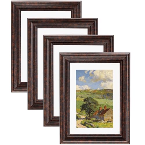 Image of eletecpro 5x7 Brown Picture Frames Set of 4, Vintage Photo Frames with Clear Acrylic Cover, Gallery Wall Art Display 4x6 Photo with Mat or 5x7 without Mat for Tabletop and Wall Mount, Home Decor