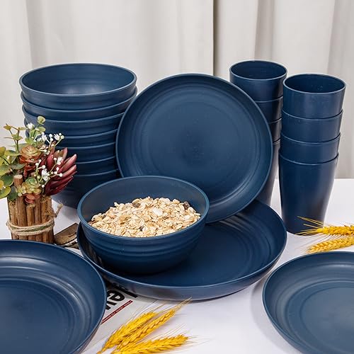 Supernal-Wheat-Straw-Dinnerware-Sets-Dinnerware-Sets-for-8-Plates-and-Bowls-Sets-Reusable-Dinnerware-Set-Microwave-Dishwasher-Safe-Blue-Plastic-Dinnerware-Sets-16pcs-Plates-8pcs-Bowls-8pcs-Cups