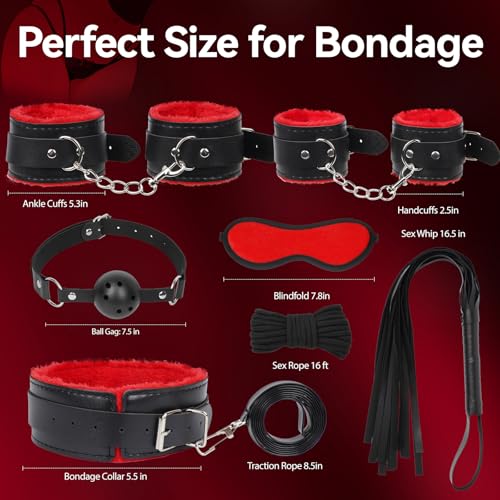 Image of BDSM Bondage Kit Sex Toys 8 Pcs Sex Bondage Set for Beginners Ball Gag Bondage Rope BDSM Kit for Couples (RED, 8PCS)
